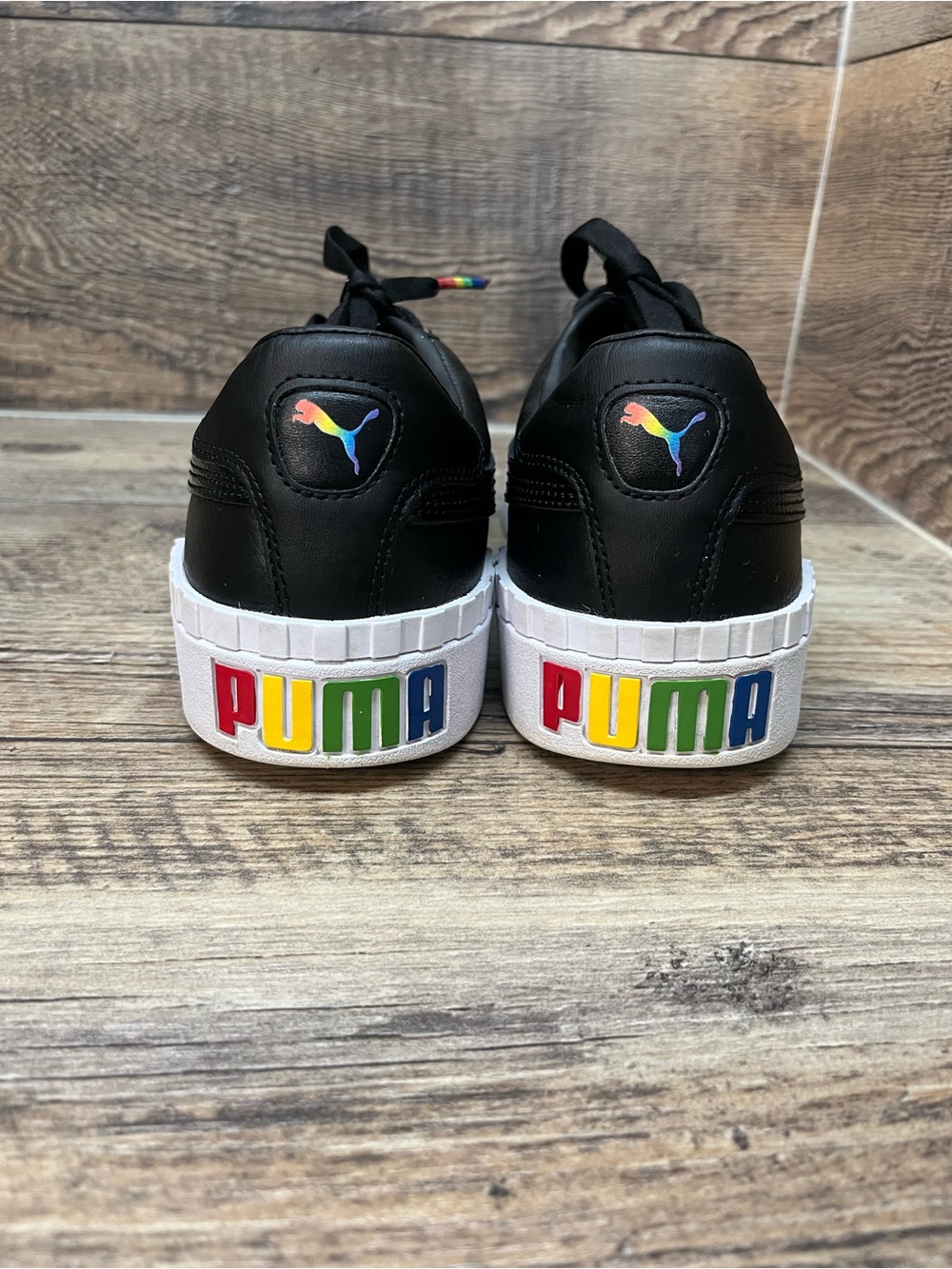 PUMA Women's Cali Bold Rainbow Pride Black Leather Platform Sneakers Size 11